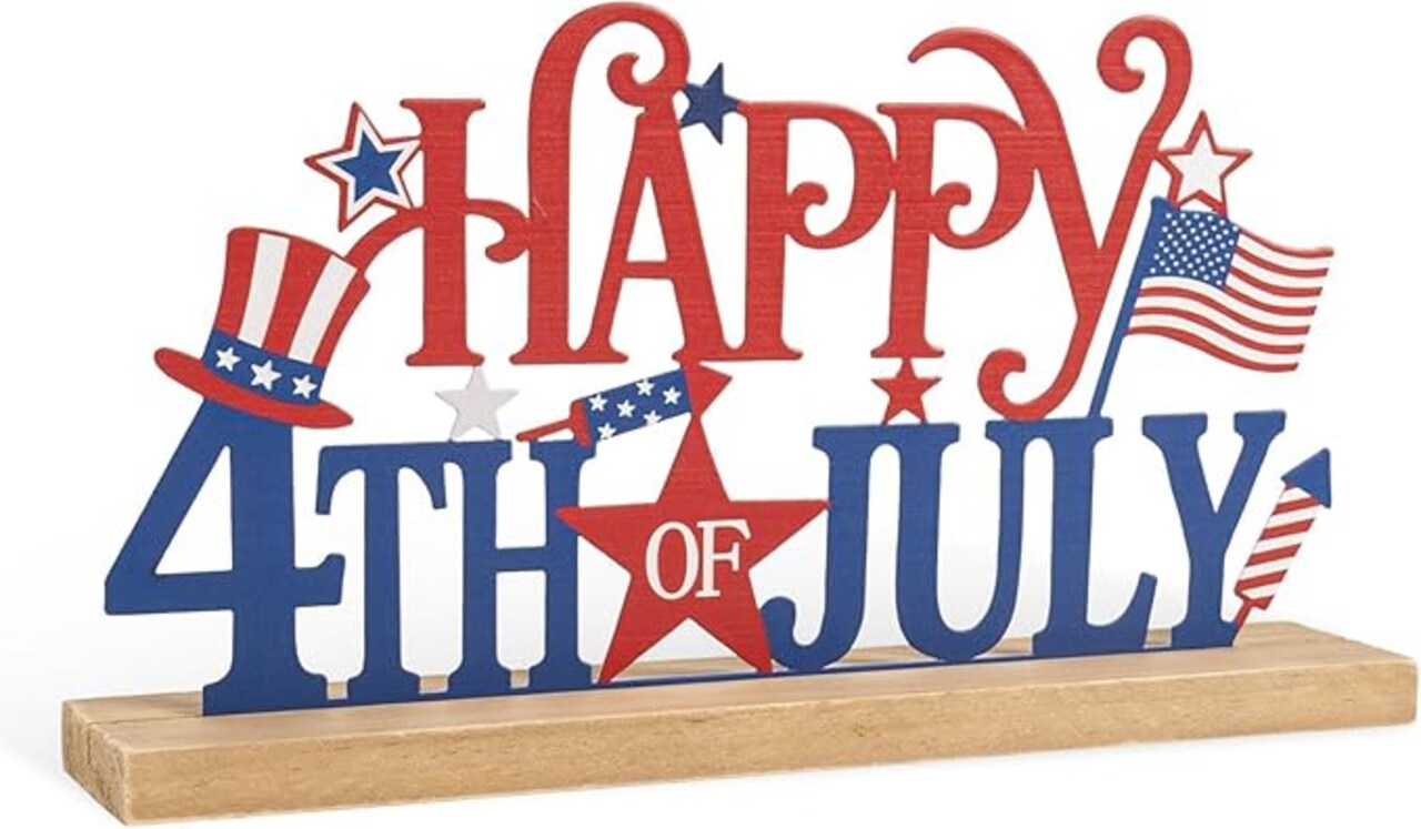 Metal “Happy 4th of July” Table Sign with Wooden Base, Patriotic Red White Blue American Flag Decor, Independence Day Memorial Day Indoor Centerpiece, Farmhouse Style Tabletop Decoration for Shelf, Desk, Mantel, and Home Display